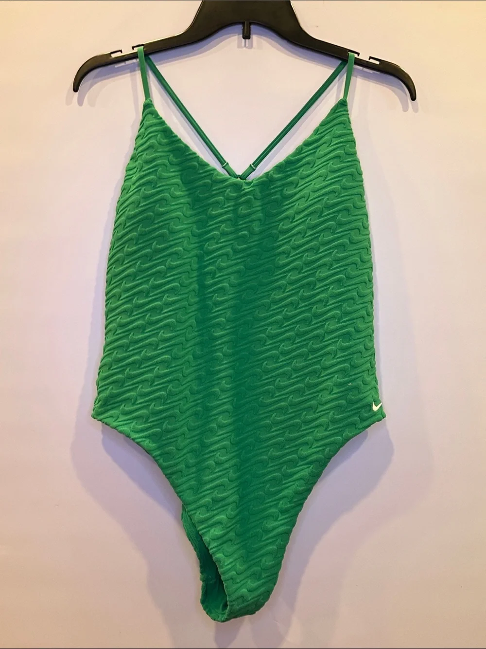 NIKE Swoosh Textured One Piece Swimsuit V Neck Y Back NEW Green Terry XL